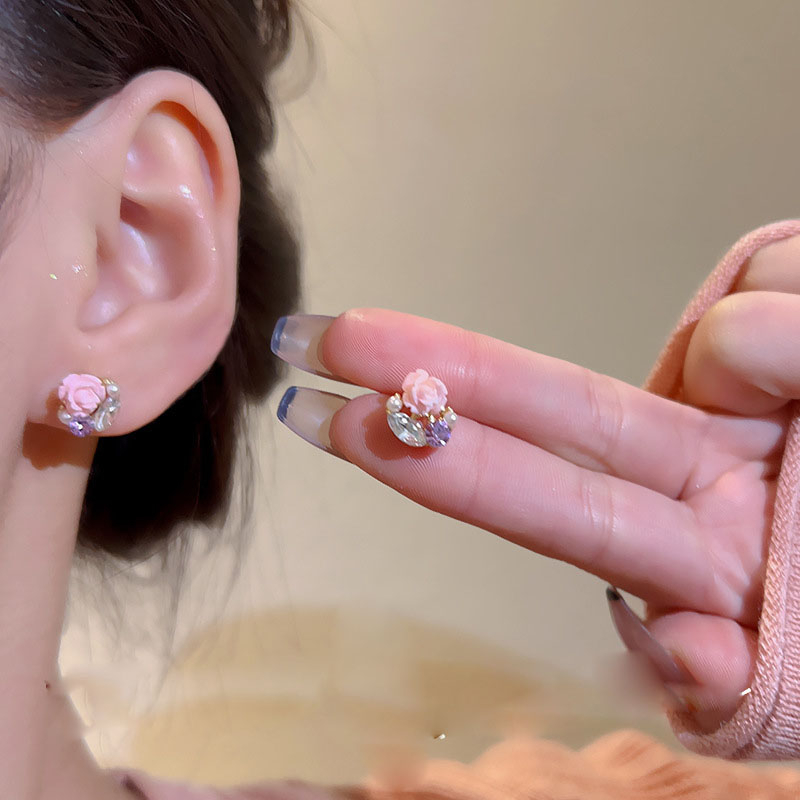 S925 Perak Jarum Mawar Anting Mutiara Wanita Stud Earrings Fashion Versi Korea Hadiah Ulang Tahun Sahabat