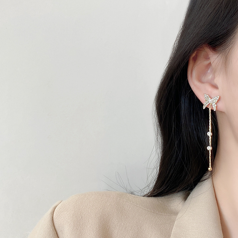 Anting Rumbai Jarum Perak925 Untuk Wanita Set Dengan Zircon Satu Pasang Panjang Fashion Edisi Korea Tidak Alergi Menjuntai Stud