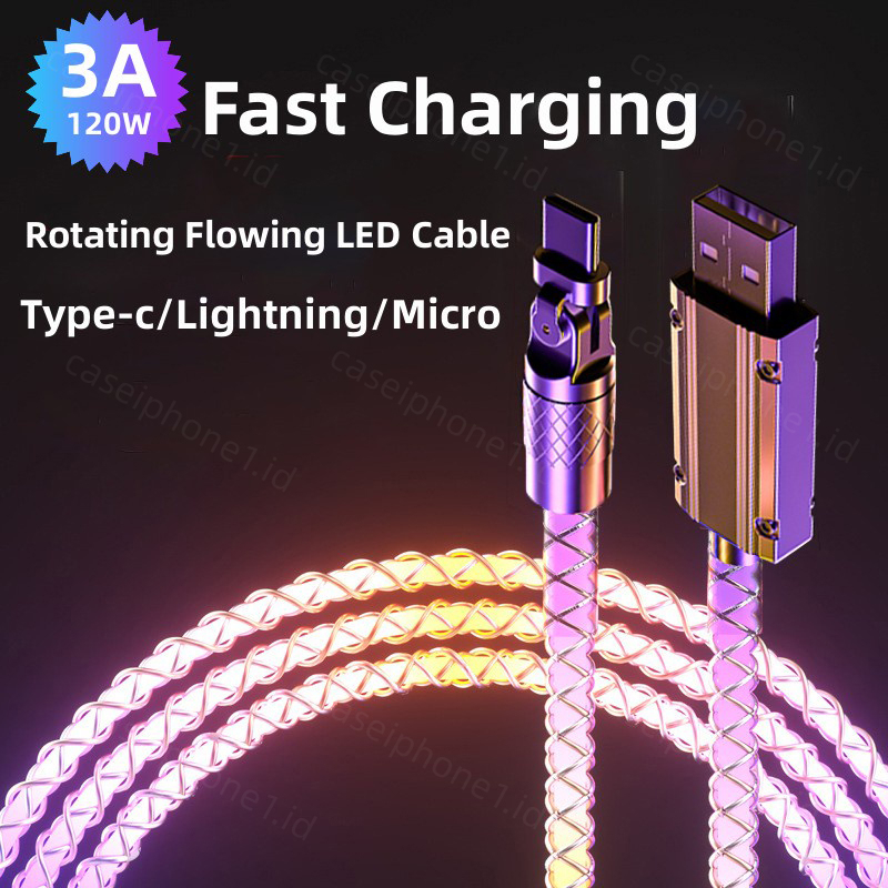 120w 3A Kabel Putar Pengisian Cepat Glow Flowing Cord Lampu LED USB c Streamer Light LED USB c Cord Fast Charging Cable Type-c Micro USB 1M Untuk iPhone Android