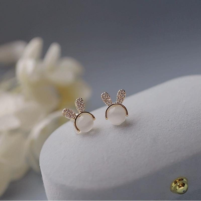 Flash diamond bunny ear opal earrings Aksesoris Telinga Korea Wanita