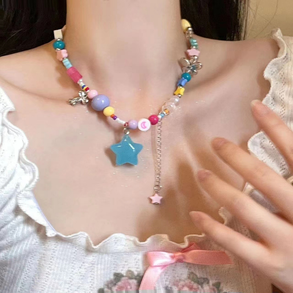 Manik-manik Bunga Warna-Warni Y2K Bintang Kalung Dopamin Manis Musim Panas Pink Cinta Kalung