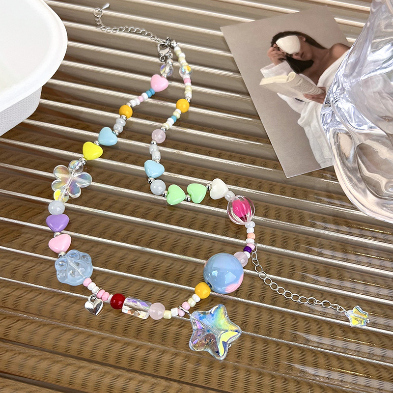 Kalung Cinta Bintang Permen Pelangi Perempuan Dopamin Musim Panas Gadis Pedas Kalung Rantai Klavikula