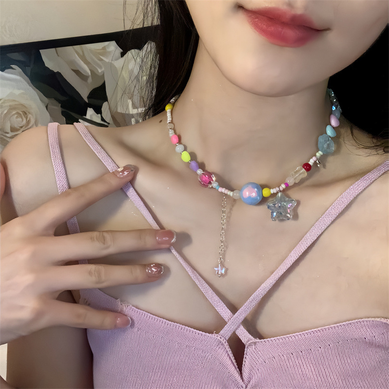 Kalung Cinta Bintang Permen Pelangi Perempuan Dopamin Musim Panas Gadis Pedas Kalung Rantai Klavikula