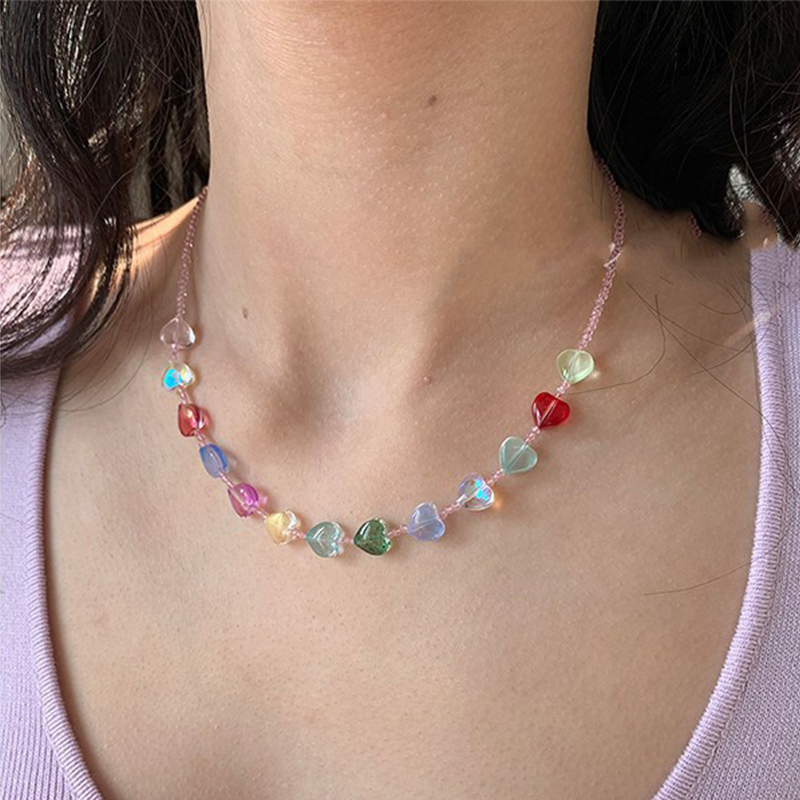 Gelang Kalung Hati Berkilau Warna-Warni Musim Panas Colorful Love Collar Chain Ornament