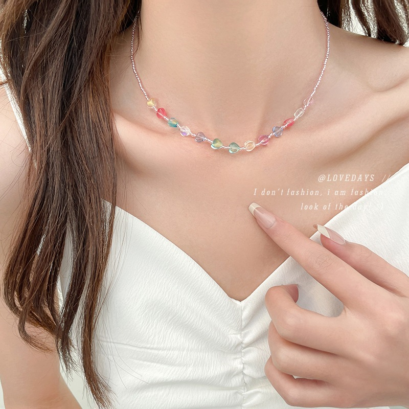 Gelang Kalung Hati Berkilau Warna-Warni Musim Panas Colorful Love Collar Chain Ornament