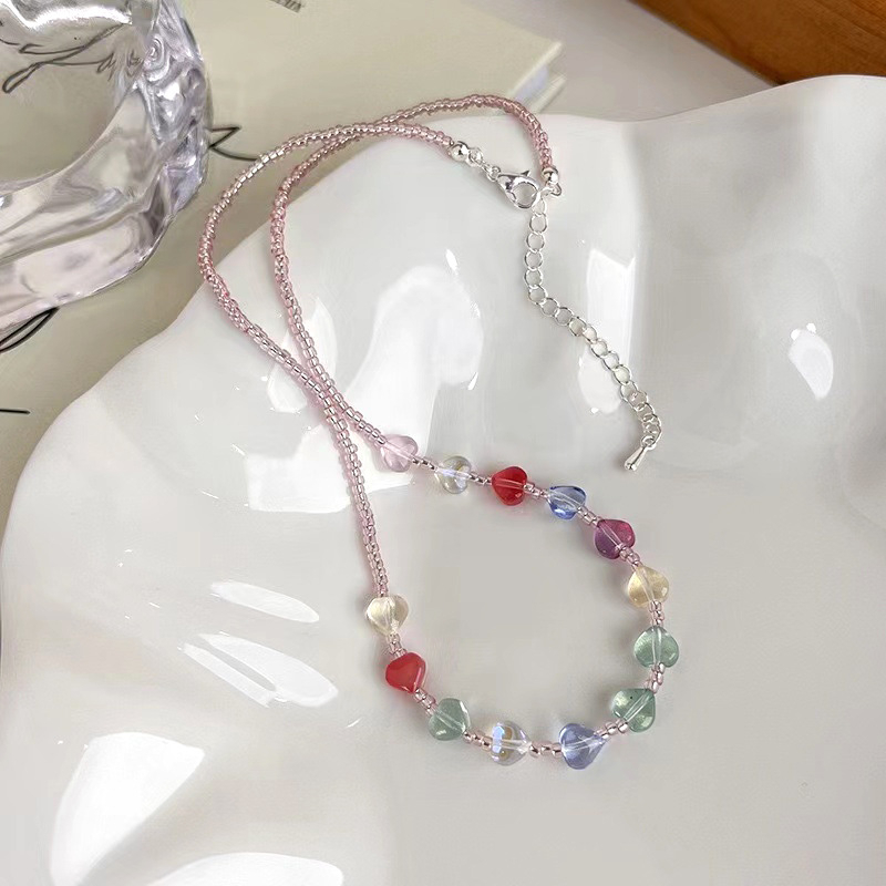 Gelang Kalung Hati Berkilau Warna-Warni Musim Panas Colorful Love Collar Chain Ornament