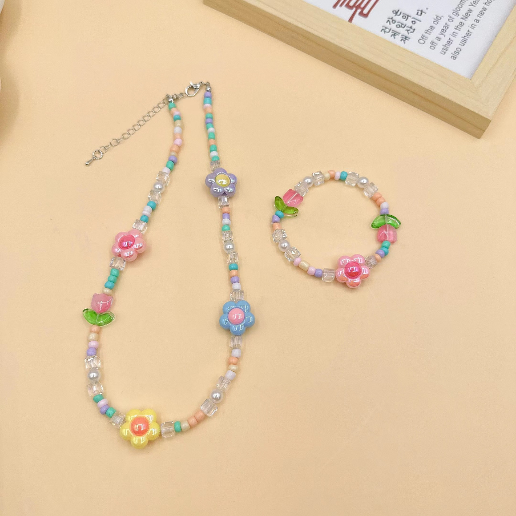 Gelang Kalung Kristal Tulip Bunga Warna-Warni Rainbow Dopamin Y2K Necklace Chain