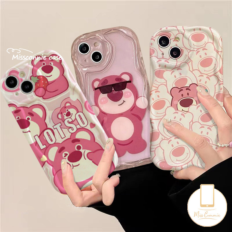 Untuk Oppo A95 A17 A15s A5 A5s A31 A9 A54 A16k A1K A52 A57 A76 A96 A77 A17K A15 A77S A7 A16 A74 A16s A12 A53 A55 A3s 3D Wavy Curved Edge Glossy Cute Manyo Strawberry Bear Soft Case