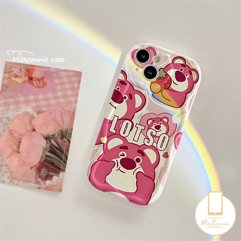 IPHONE Kartun Lovely Strawberry Bear Head Case Kompatibel Untuk Iphone14 11 12 13 Pro Max XR X 7 8 6s 6 Plus XS Max SE 2020 3D Wavy Curved Edge Glossy Shockproof Soft Cover