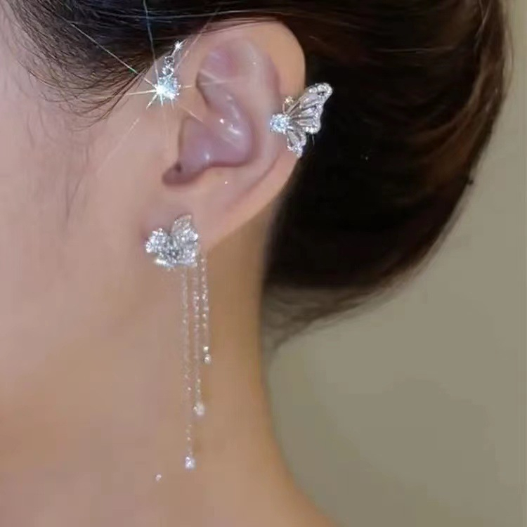 Klip Telinga Tunggal non-perforated Zirkon Kupu-Kupu Berpohon Anting-Anting Aksesori Pesta Korea Wanita