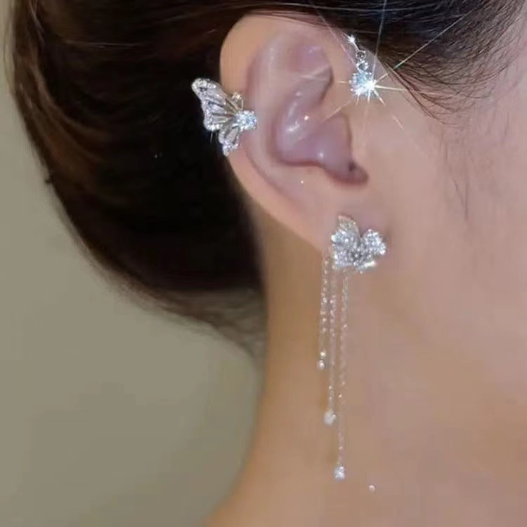 Klip Telinga Tunggal non-perforated Zirkon Kupu-Kupu Berpohon Anting-Anting Aksesori Pesta Korea Wanita