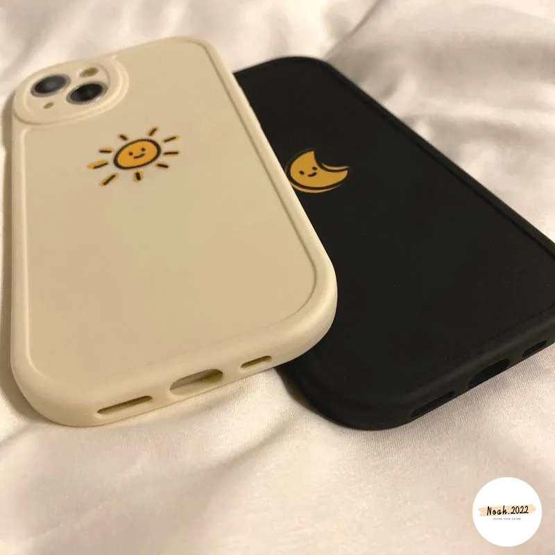 IPHONE Pasangan Case Bulan Matahari Kompatibel Untuk Iphone11 12 14 13 Pro Max6 6s 7 8 Plus XR X XS Max14 Plus Se2020Warna Solid Sederhana Penuh Pelindung Casing Ponsel TPU Lembut