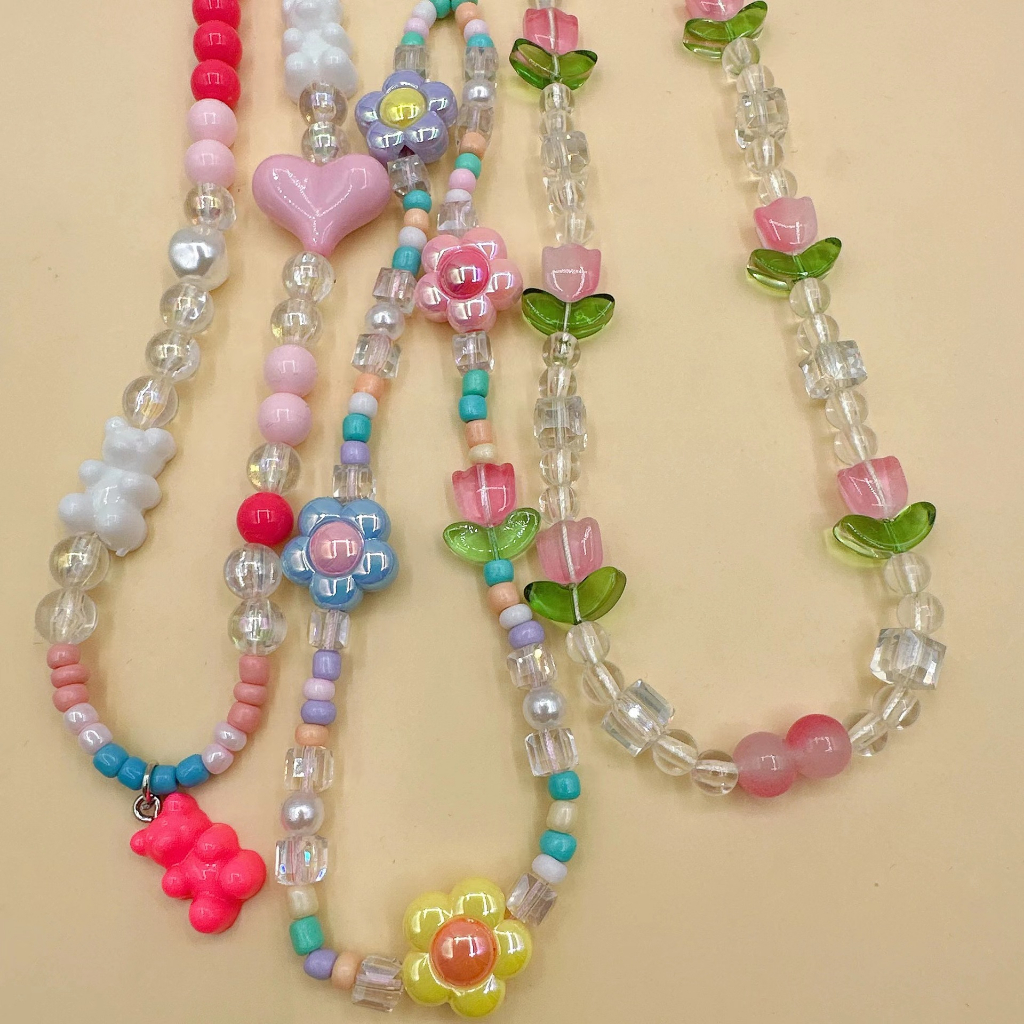 Lanyard Ponsel Kristal Tulip Bunga Warna-Warni Dopamin Beruang Rantai Telepon