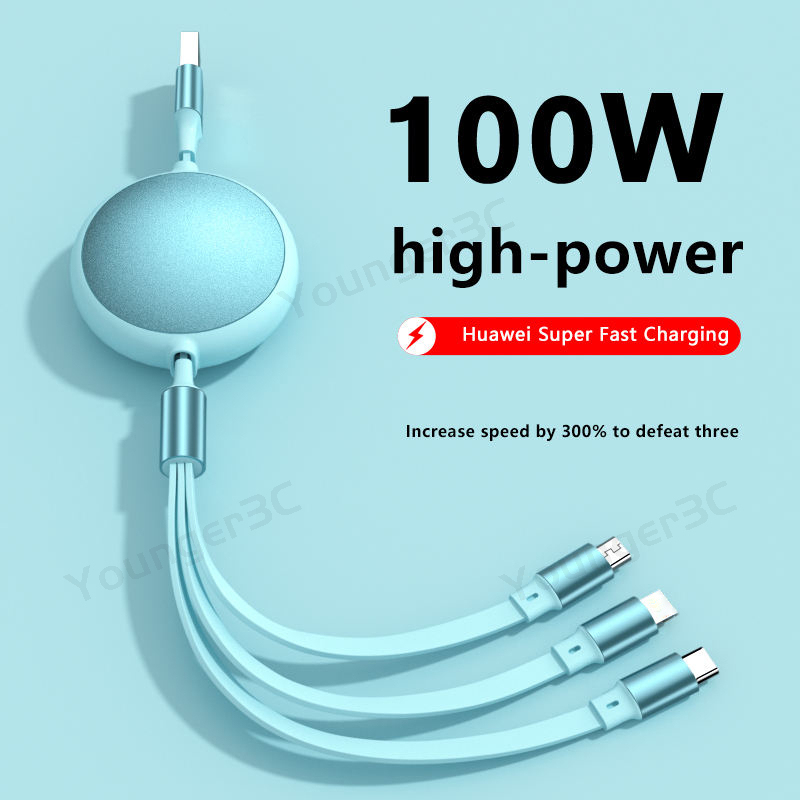 Kabel Circular Shell Aluminium 100W 3in1 Fast Charging Telescopic Data Cable Kabel Cas USB 6A Untuk Micro Tipe C