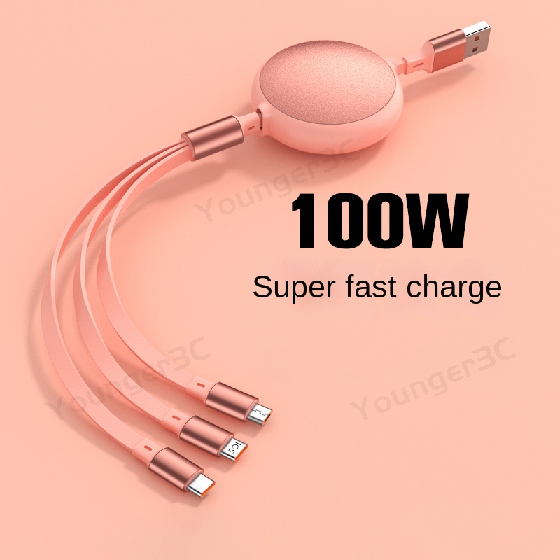 Kabel Circular Shell Aluminium 100W 3in1 Fast Charging Telescopic Data Cable Kabel Cas USB 6A Untuk Micro Tipe C