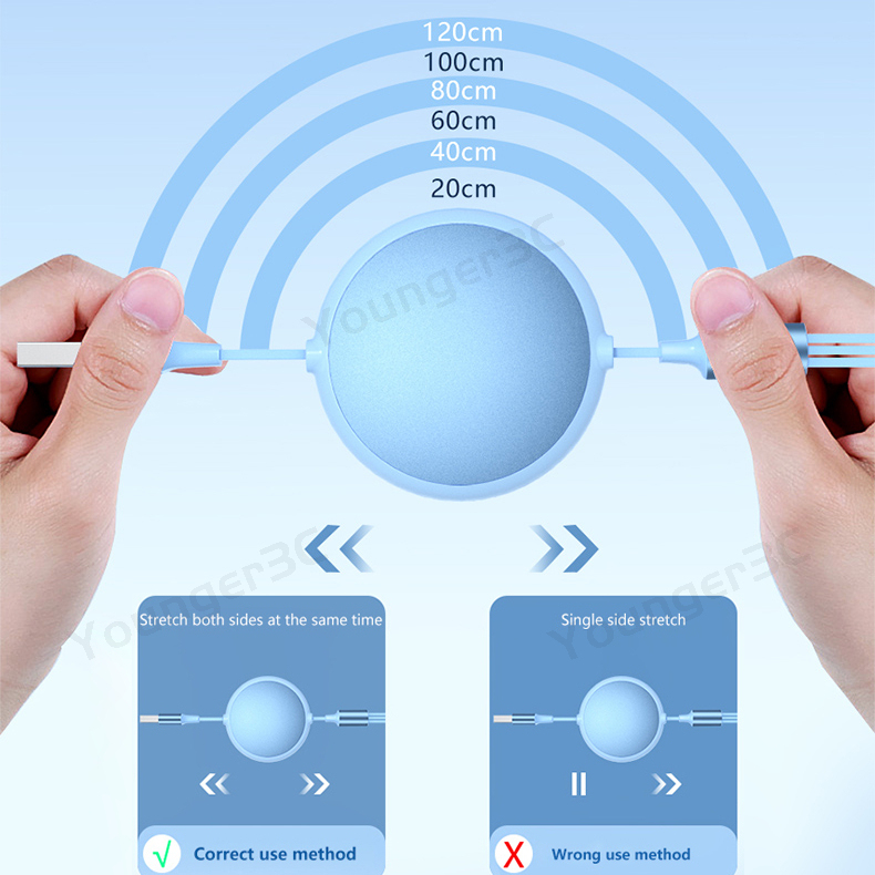 Kabel Circular Shell Aluminium 100W 3in1 Fast Charging Telescopic Data Cable Kabel Cas USB 6A Untuk Micro Tipe C