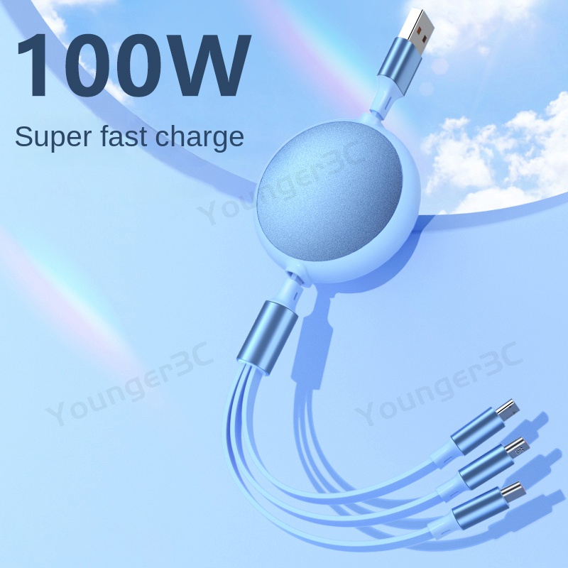 Kabel Circular Shell Aluminium 100W 3in1 Fast Charging Telescopic Data Cable Kabel Cas USB 6A Untuk Micro Tipe C