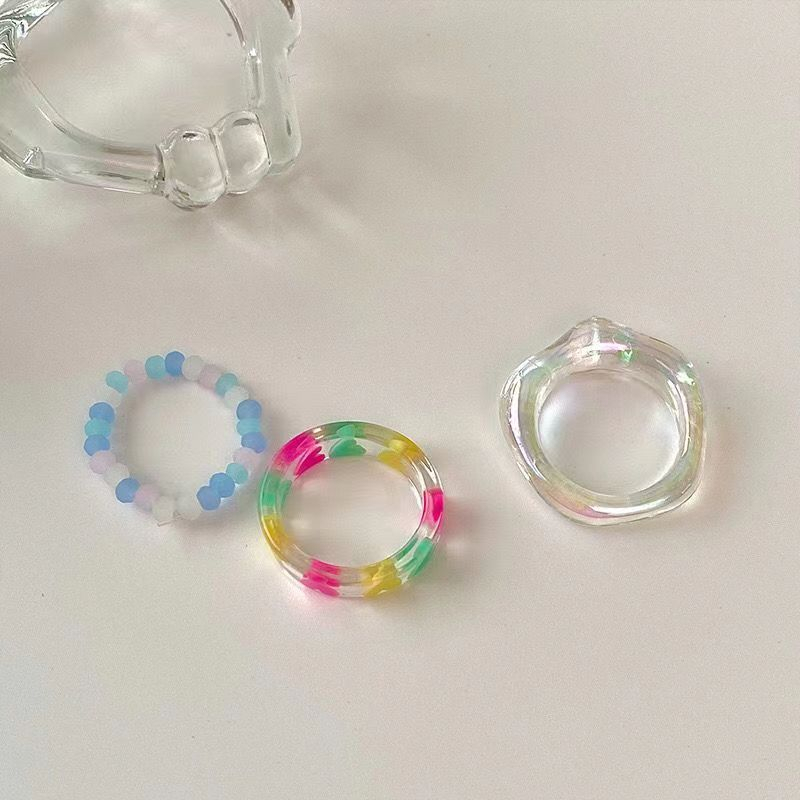 3pcs /Set Y2K Cinta Manik-Manik Resin Pelangi Cincin Gadis Manis Musim Panas Cincin