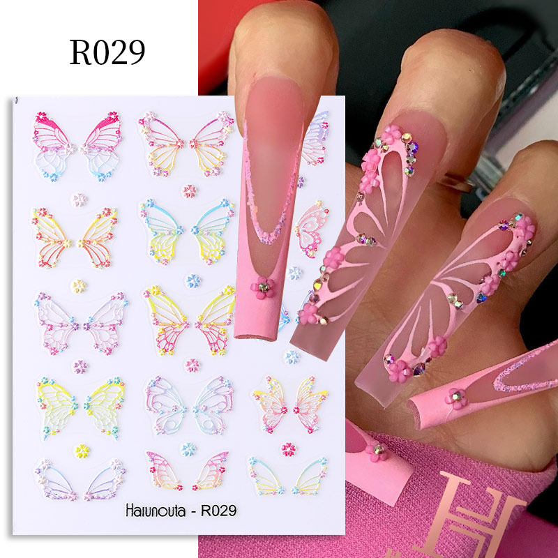 Butterfly Grafir 5D Stiker Kuku French Leaves Flowers Timbul Perekat Slider Untuk Musim Panas Kuku Manicure