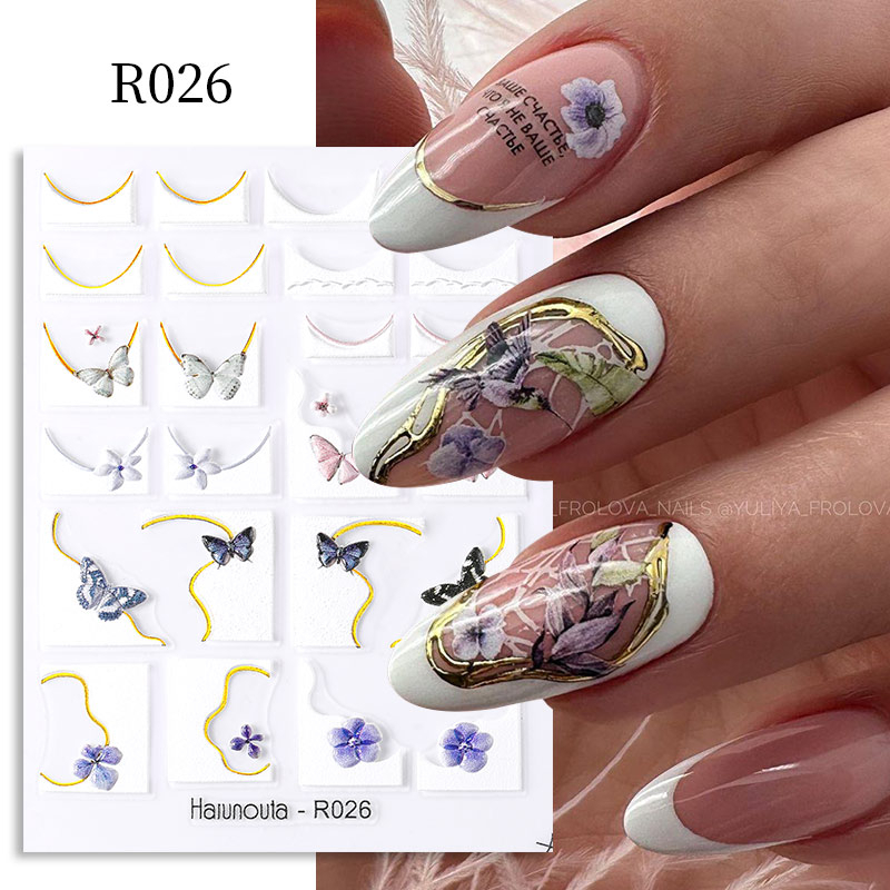 Butterfly Grafir 5D Stiker Kuku French Leaves Flowers Timbul Perekat Slider Untuk Musim Panas Kuku Manicure