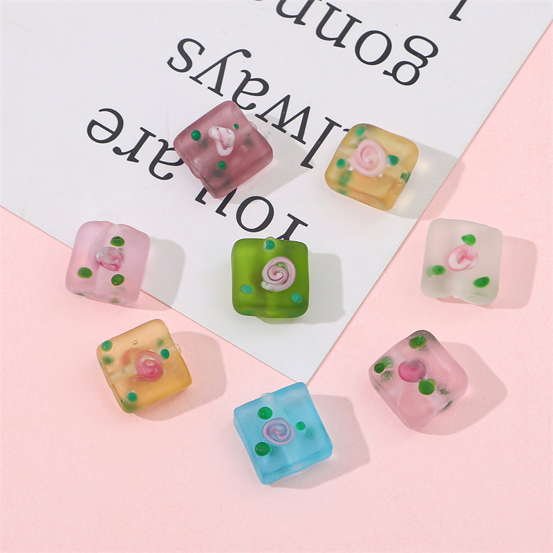 2pcs 12mm Manik-Manik Kaca Frosty Hand-Painted Lucu Bunga Square Charm Beads Untuk Kalung Gelang Anting DIY Membuat Perhiasan