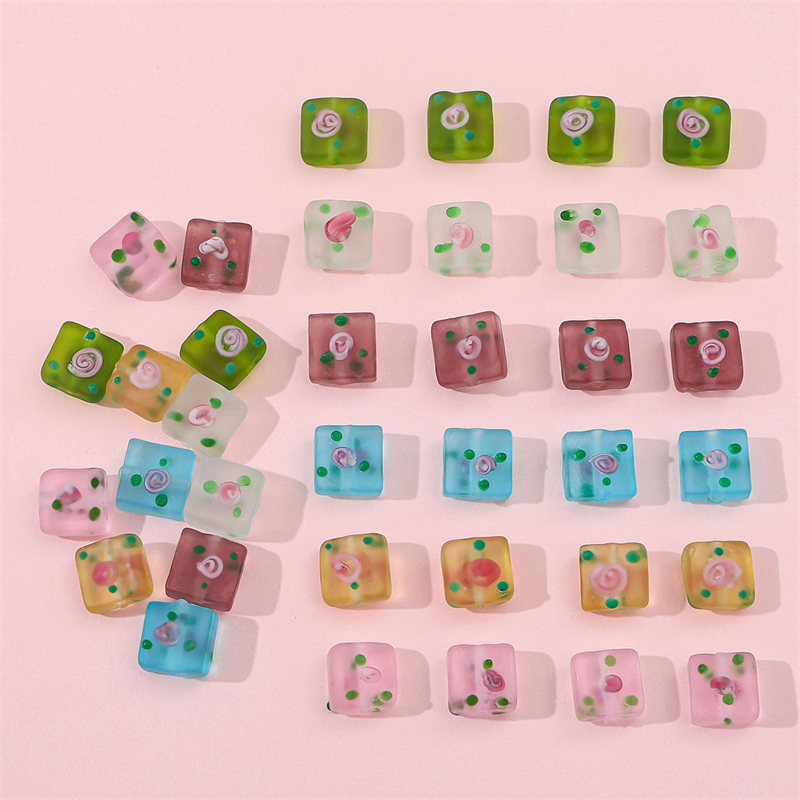 2pcs 12mm Manik-Manik Kaca Frosty Hand-Painted Lucu Bunga Square Charm Beads Untuk Kalung Gelang Anting DIY Membuat Perhiasan