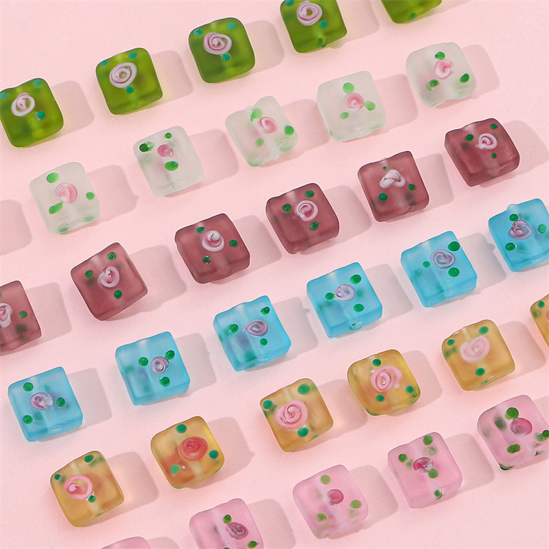 2pcs 12mm Manik-Manik Kaca Frosty Hand-Painted Lucu Bunga Square Charm Beads Untuk Kalung Gelang Anting DIY Membuat Perhiasan