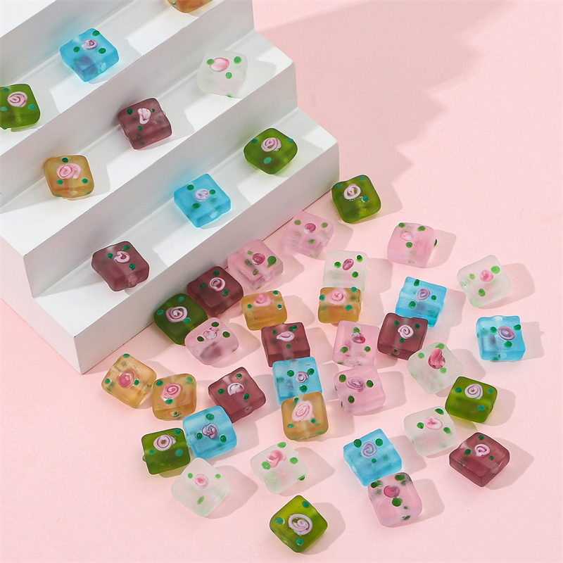 2pcs 12mm Manik-Manik Kaca Frosty Hand-Painted Lucu Bunga Square Charm Beads Untuk Kalung Gelang Anting DIY Membuat Perhiasan