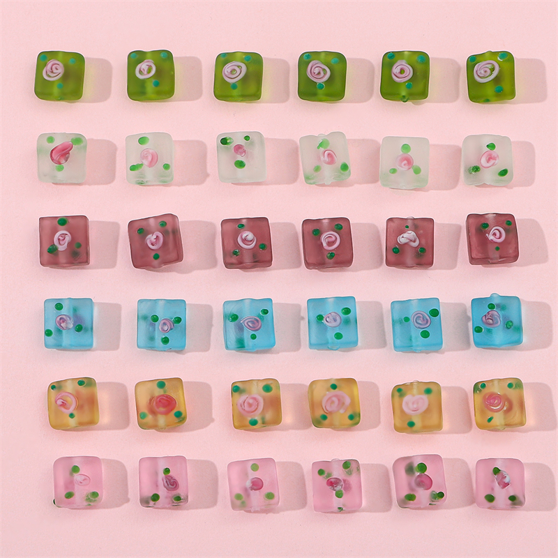 2pcs 12mm Manik-Manik Kaca Frosty Hand-Painted Lucu Bunga Square Charm Beads Untuk Kalung Gelang Anting DIY Membuat Perhiasan
