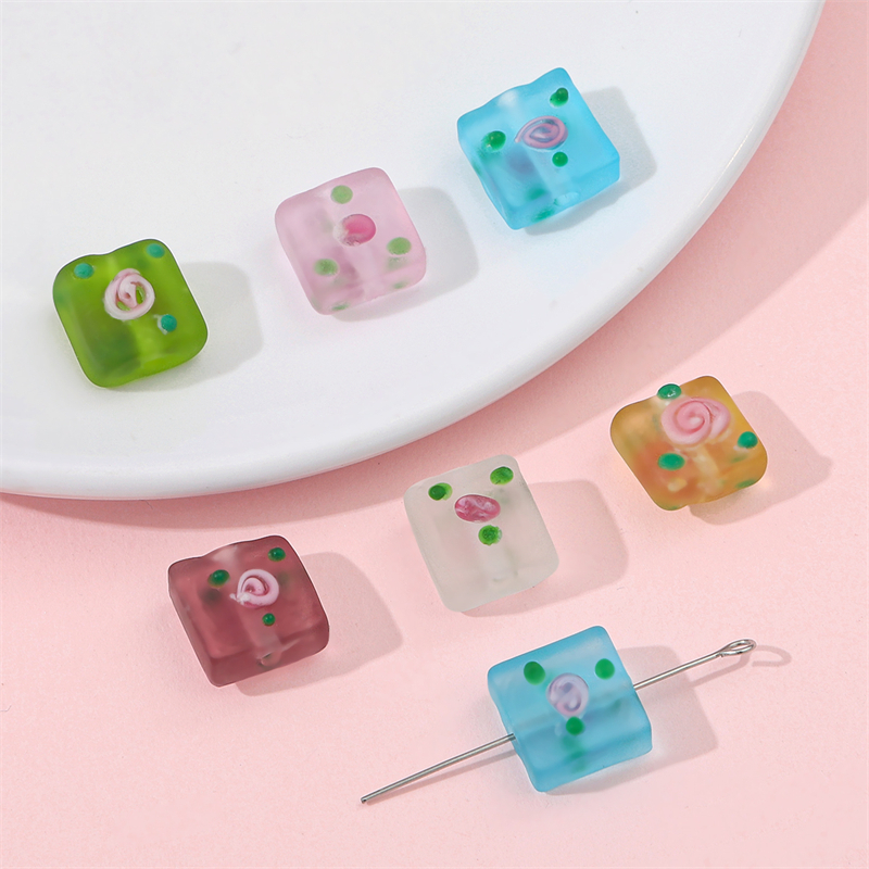 2pcs 12mm Manik-Manik Kaca Frosty Hand-Painted Lucu Bunga Square Charm Beads Untuk Kalung Gelang Anting DIY Membuat Perhiasan