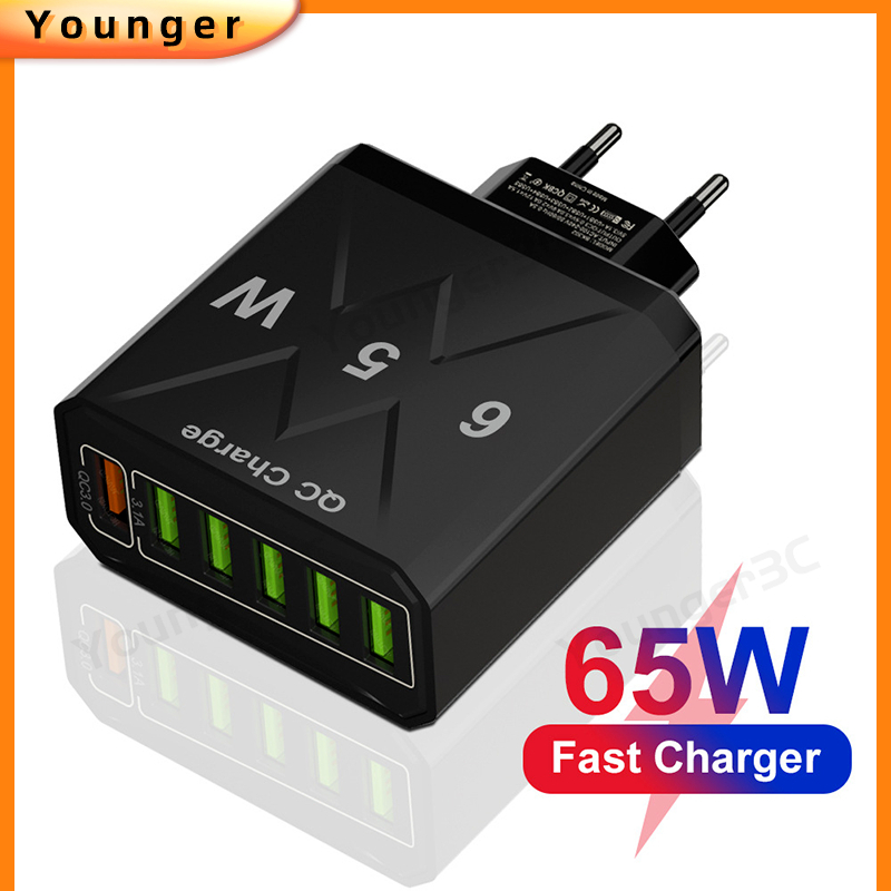 65w Luminous 6USB Fast Charging Charger 6port Charger Telepon USB QC 3.0 Fast Charging Adoptor Charger Untuk Tipe C Micro