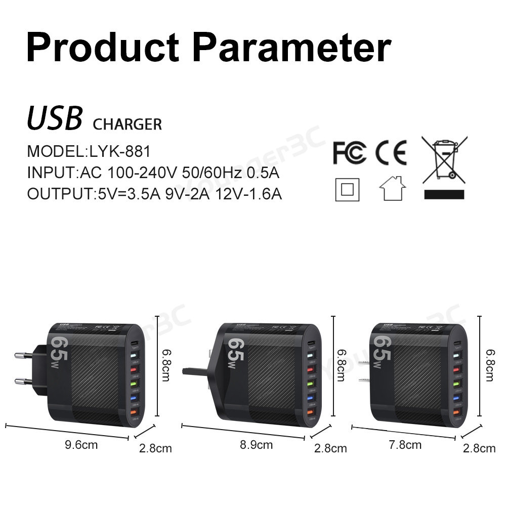 65w 5USB+Type C Fast Charging Charger 6port USB Phone Charging Adapter Multi Antarmuka Fast Charging Adoptor Charger Untuk Tipe C Micro