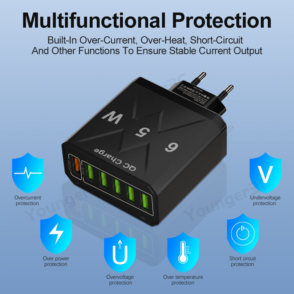 65w Luminous 6USB Fast Charging Charger 6port Charger Telepon USB QC 3.0 Fast Charging Adoptor Charger Untuk Tipe C Micro