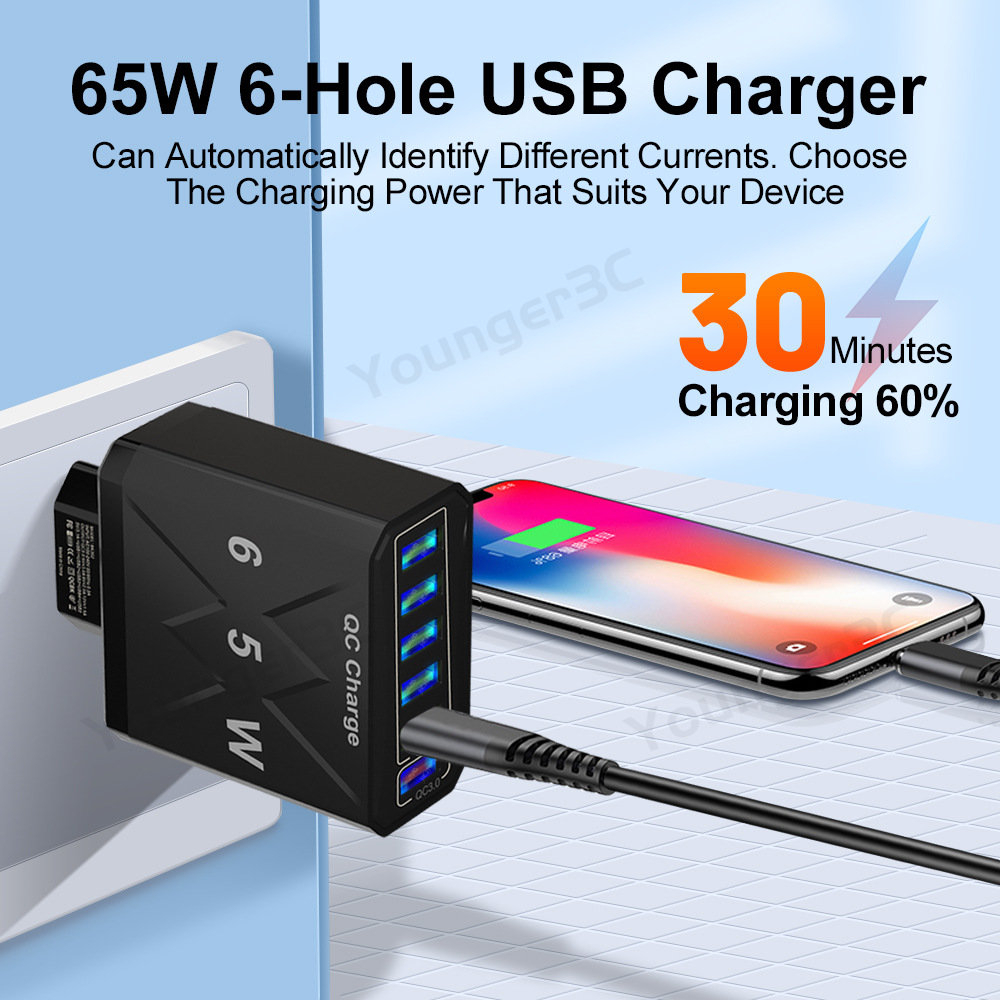 65w Luminous 6USB Fast Charging Charger 6port Charger Telepon USB QC 3.0 Fast Charging Adoptor Charger Untuk Tipe C Micro