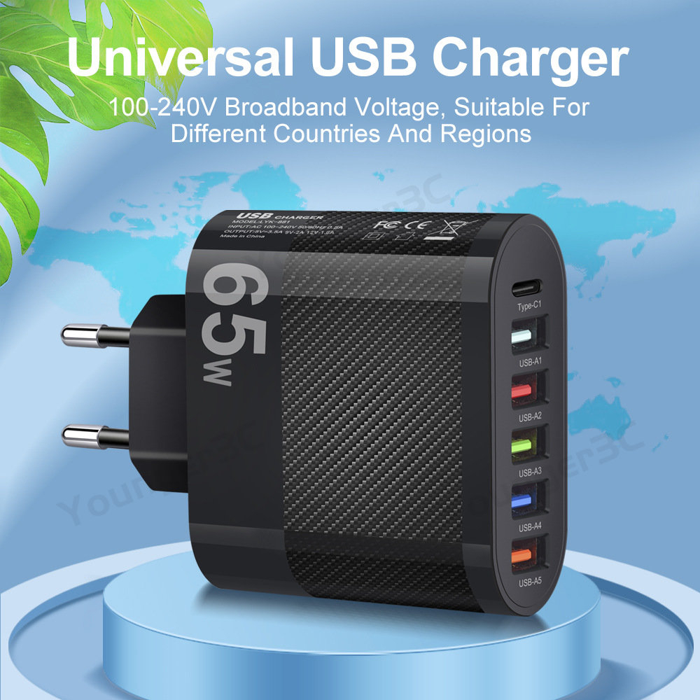 65w 5USB+Type C Fast Charging Charger 6port USB Phone Charging Adapter Multi Antarmuka Fast Charging Adoptor Charger Untuk Tipe C Micro