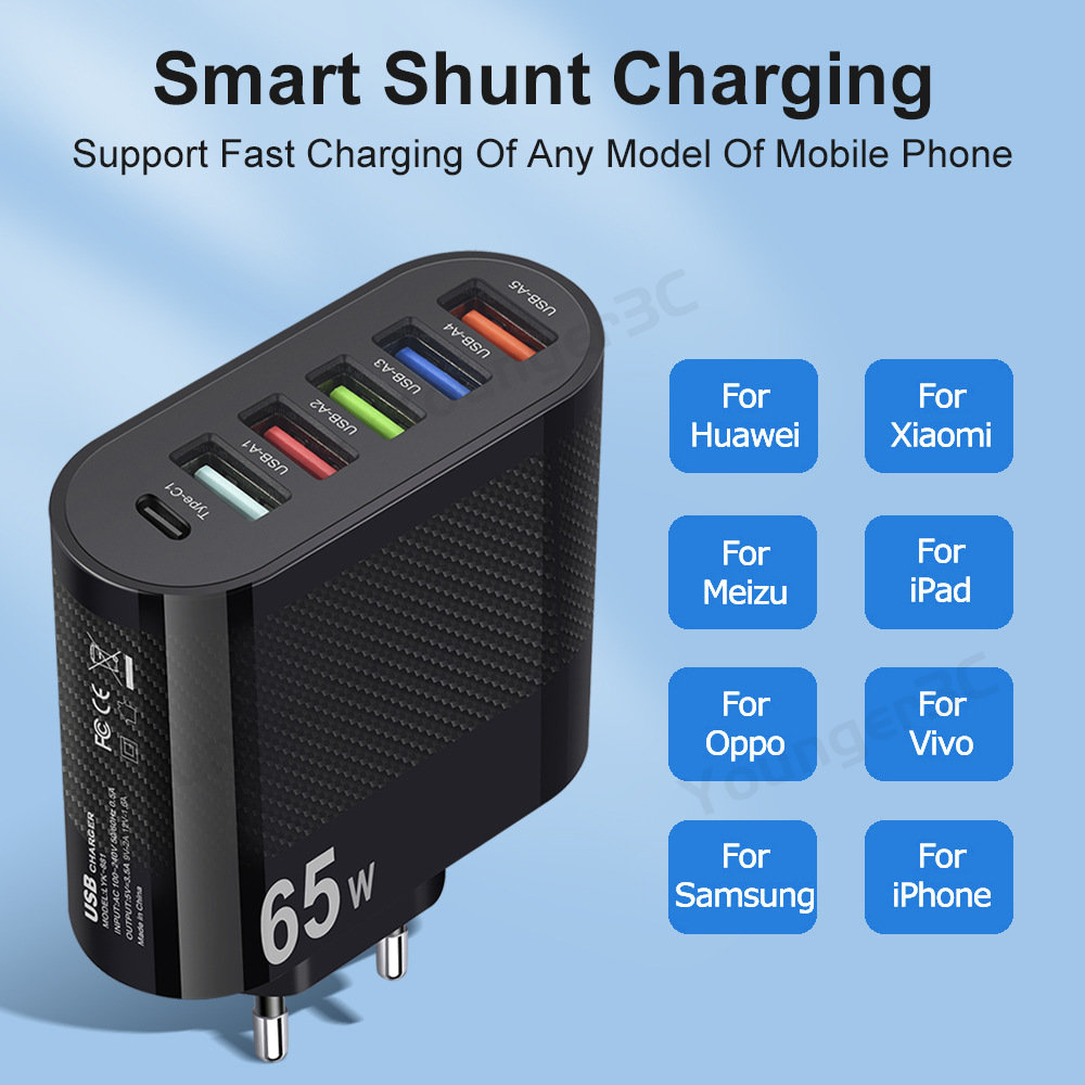 65w 5USB+Type C Fast Charging Charger 6port USB Phone Charging Adapter Multi Antarmuka Fast Charging Adoptor Charger Untuk Tipe C Micro