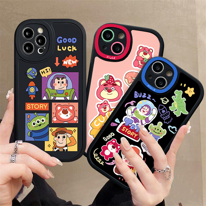 IPHONE Kartun Toy Story Buzz Lightyear Alien Case Kompatibel Untuk Iphone11 13 14 12 Pro Max XS X XR Max 6s 7 8 6 Plus SE 2020 Cute Strawberry Bear Manyo Lembut Tpu Cover