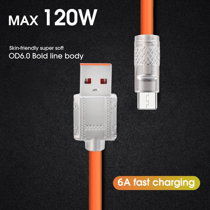 Inovatif 3warna Pilihan 120W 6A Pengisian Cepat USB Tipe-C Kabel Data Sederhana 6A 1m /1.5m /2m Universal Aluminium Alloy Interface Super Quick Charge Wire