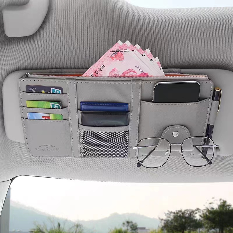 Tas Penyimpanan Mobil Sun Visor Organizer Multifungsi PU Leather Card Holder Kartu Sim Kacamata Klip Holder Aksesoris Interior