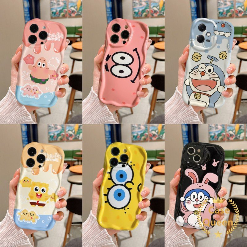 IPHONE Lovely Ice Cream SpongeBob Patrick Star Cute 3D Wavy Curved Edge Case Cocok Untuk Iphone7 6 6S 8plus XR X XS Max11 13 14 12 Pro Max SE 2020 Rabbit Lucu Doraemon Couple Cover