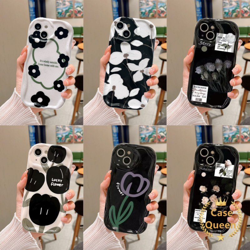 IPHONE Fresh Flower Black Art Flower 3D Wavy Curved Edge Case Kompatibel Untuk Iphone11 12 14 13 Pro MAX 8 6 S7 6 Plus XR XS X MAX SE 2020 7Plus Retro Bunga Tulip Rose Sarung Lukisan Minyak