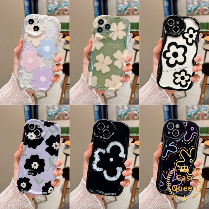 Casing Shockproof Glossy Kompatibel Untuk IPhone XR X XS Max7 6 6S 8plus 11 12 13 14 Pro Max SE 2020 7Plus Art Retro Hitam Fresh Flowers Soft Cover