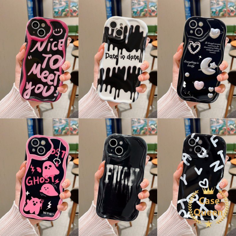 Fashion Art Huruf Smile Love Hati 3D Wavy Curved Edge Case Untuk Samsung A13 A24 M12 A52s A04s A50 A50s A13 A52 A14 A12 A30s A32 Trendy Pribadi Es Krim Bulan Romantis Soft Cover