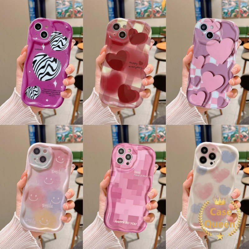 Casing Tepi Melengkung Bergelombang 3D Untuk Redmi A1 9C NFC 9A 9C A2 10A 10 Redmi Note11 11s 8 9 Kisi Motif Leopard Love Heart Rose Pink Kartun Lucu Senyum Warna-Warni Soft Cover