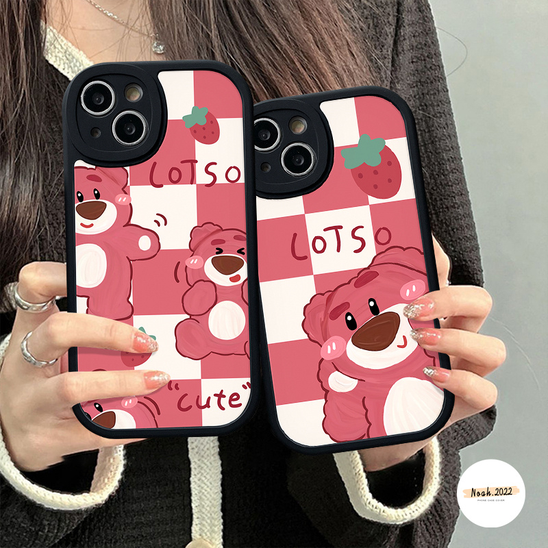 IPHONE Case Kompatibel Untuk Iphone11 12 13 14 Pro MAX 7 6s 8 6 Plus XR X XS MAX SE 2020 Pelindung Lensa Silicon Kartun Indah Manyo Telepon Lembut Lucu Strawberry Bear Tpu Back Cover