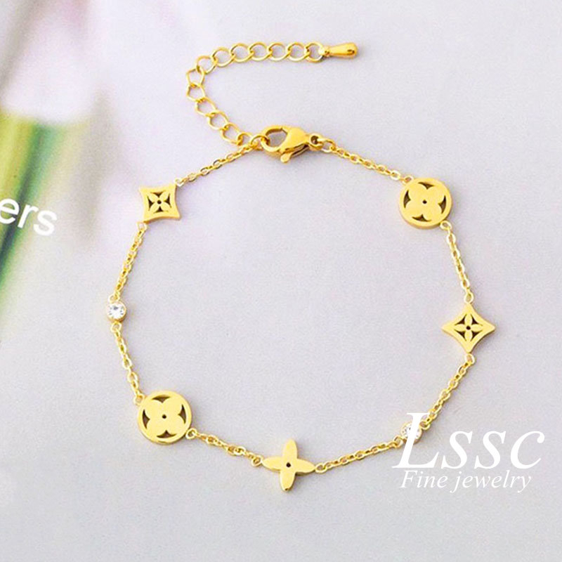 Gelang Titanium Wanita Anti Karat Bunga Berlian Emas 18K Cantik Aesthetic Korea Aksesoris Perhiasan