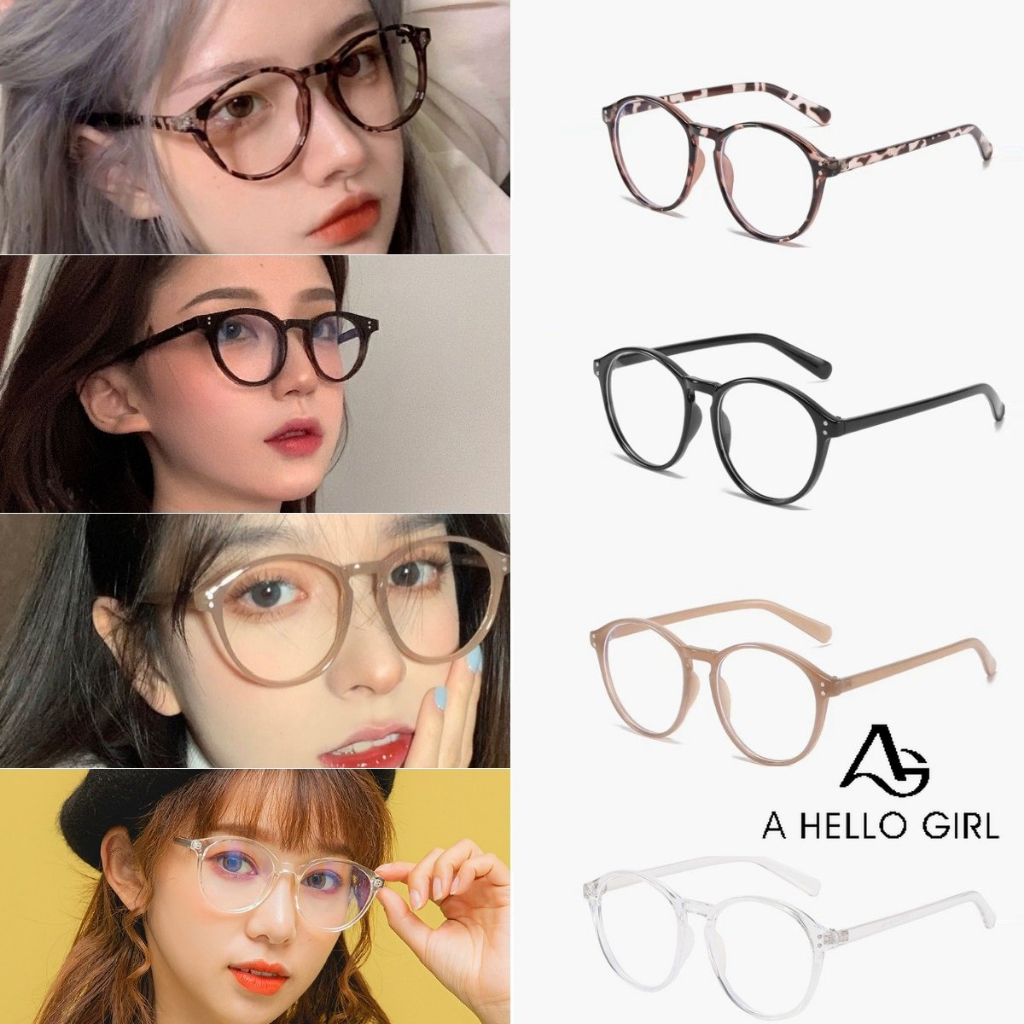 Hello Girl Kacamata Frame Bulat Lensa Flat Warna Coklat Polos Gaya Korea / Retro Untuk Wanita