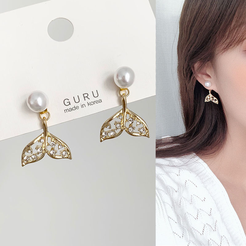 Anting Tusuk Gantung Bahan Sterling silver 925 Desain Ekor Ikan + Mutiara + Berlian Gaya Korea Untuk Wanita