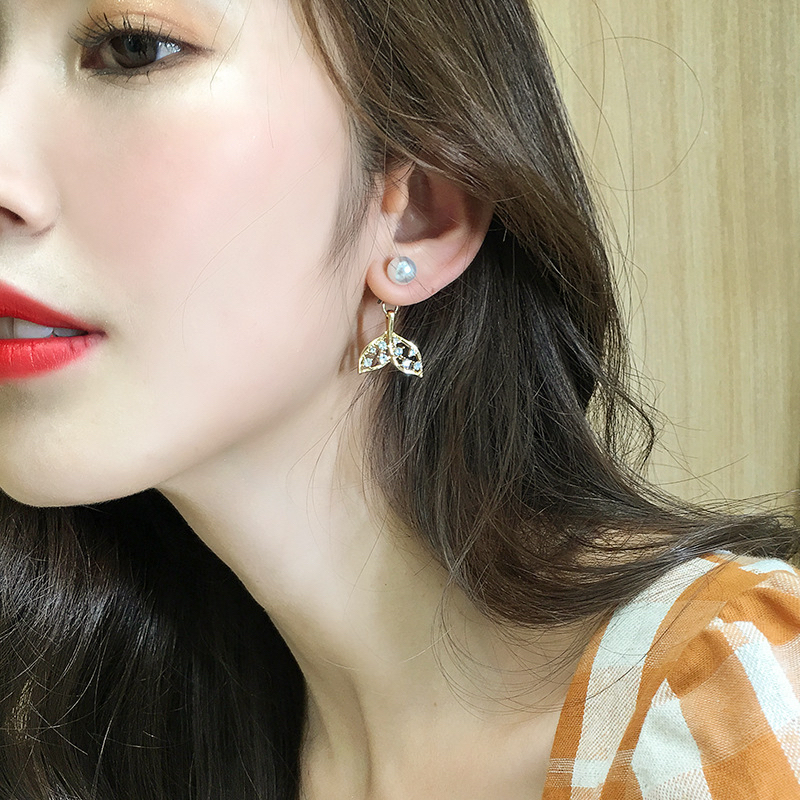 Anting Tusuk Gantung Bahan Sterling silver 925 Desain Ekor Ikan + Mutiara + Berlian Gaya Korea Untuk Wanita