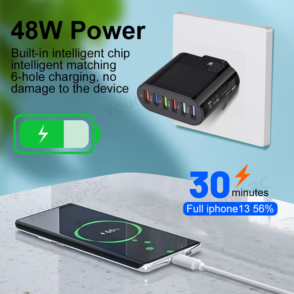 48w 6port USB Fast Charging Charger 6in1 USB Charging Adapter Multi Antarmuka Fast Charging Adoptor Charger Untuk Tipe C Micro